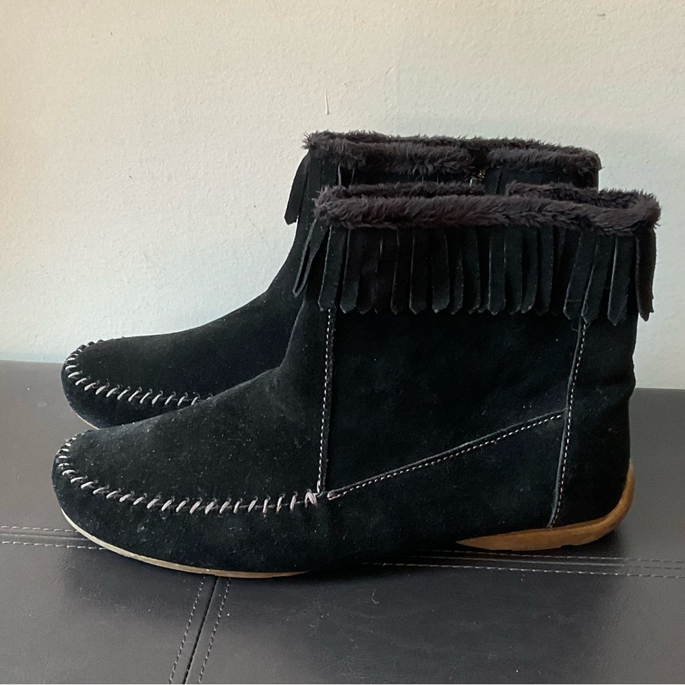 Sporto Gianna Ankle Booties Black Suede Moccasin Faux Fur - EUC